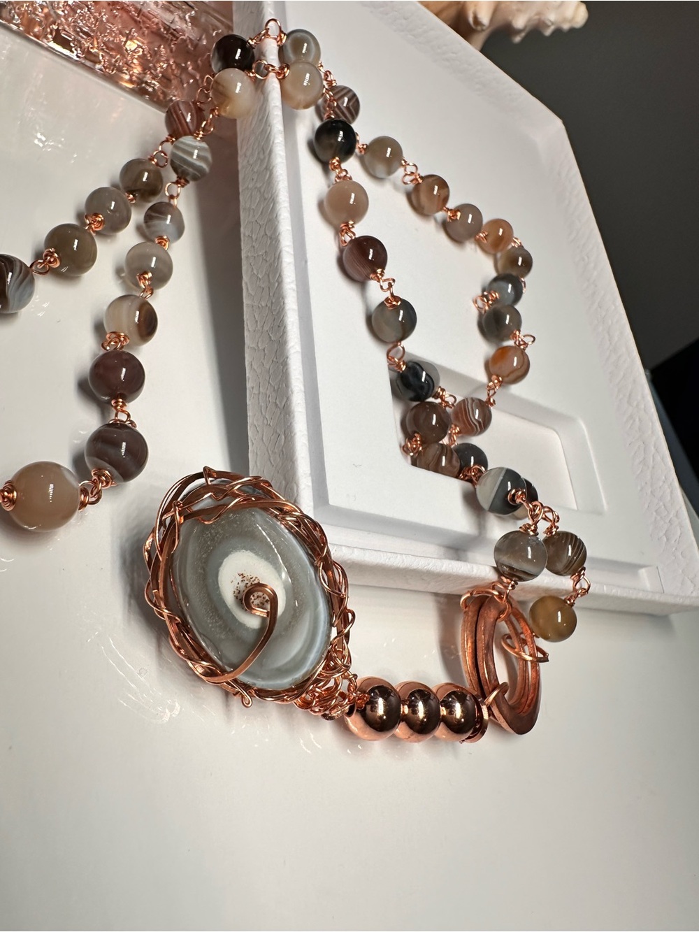 Handcrafted Agate Bead Necklace with Rose Gold Wire Accents